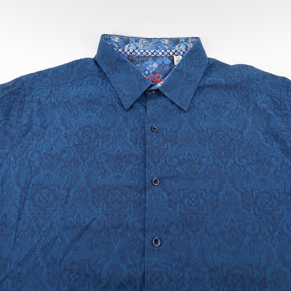 Robert Graham Mens 2XL Blue Damask Jacquard Short Sleeve Button Down Shirt